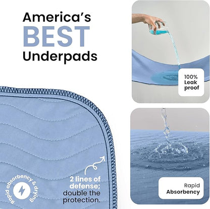 IMPROVIA® Washable Underpads, Heavy Absorbency Reusable Incontinence Pads for Kids, Adults, Elderly, and Pets, Waterproof Protection Floor (Blue, 34"x36" (Pack of 4))