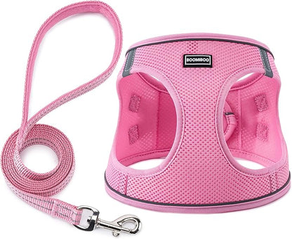 BOOMIBOO Dog Harness with Leash Set, No Pull Adjustable Reflective Step-in Puppy Pet Vest Harnesses for Small Medium Large Dogs and Cats,Pink XS