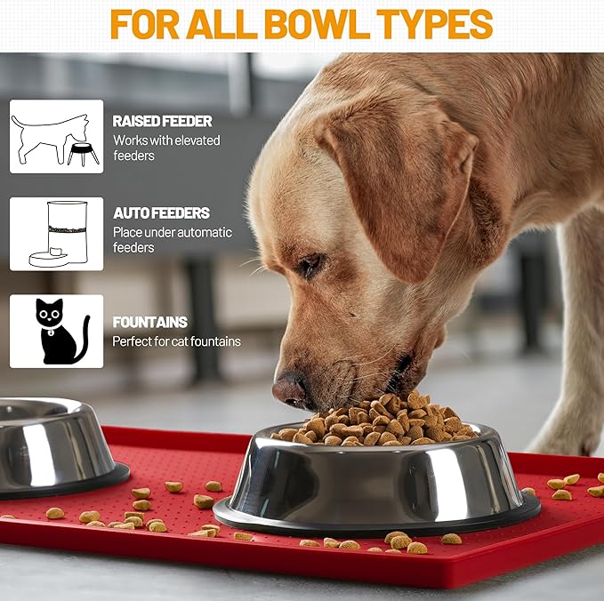 Hubulk Dog Feeding Mat,100% Waterproof Food Grade Silicone Pet Food and Water Bowl Placemat,Dishwasher, High Raised Edge to Prevent Spills,Nonslip Tray to Stop Messes on Floor (24"x16"x0.5", Red)