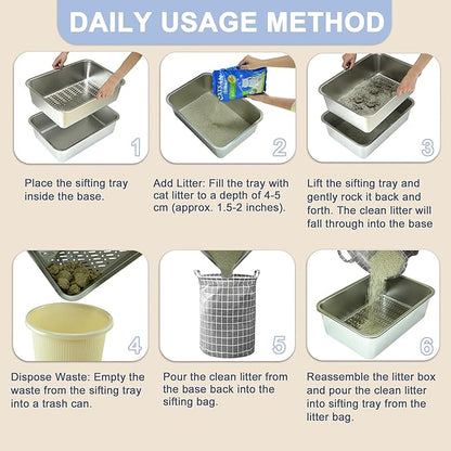 Teheao 2 Pack Stainless Steel Sifting Cat Litter Box for Clumping Litter, Kitty Large Metal Sifter Tray Pan with Cat Litter Bag, Low Dust, Odor Control, Easy Cleaning (15.7"*11.8"*5.9")