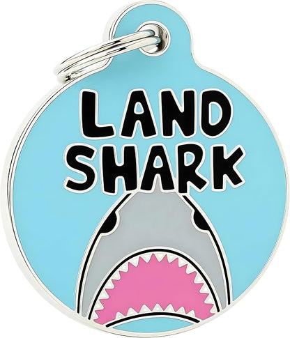 Bad Tags Personalized Dog and Cat ID Tags in 25+ Designs and 2 Sizes - 5 Lines of Custom Engraved Text - Funny Cute Personalized Pet Tags (Land Shark, Large (1.25 inch))