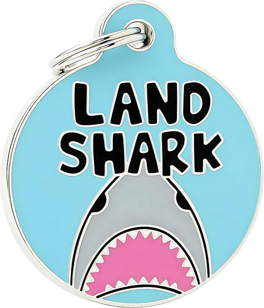 Bad Tags Personalized Dog and Cat ID Tags in 25+ Designs and 2 Sizes - 5 Lines of Custom Engraved Text - Funny Cute Personalized Pet Tags (Land Shark, Large (1.25 inch))
