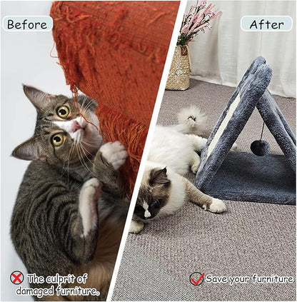Fhiny Triangle Cat Scratching Post, Natural Sisal Cat Standing Scratch Board with Hanging Plush Ball Toy Pet Cave Nest Indoor Cats Pads Activity Center for Keeping Away from Furniture