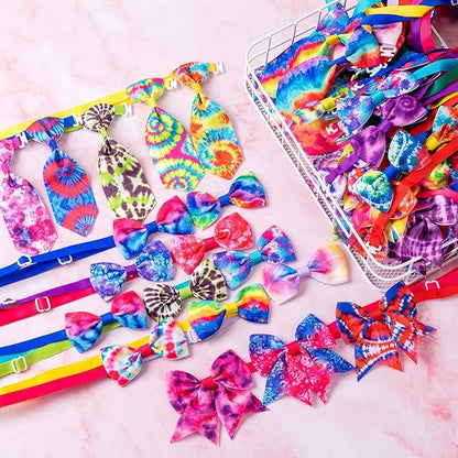 Reginary 100 Pieces Dog Bow Tie Collar Set Include 40 Dog Neckties, and 30 Puppy Bowties, 30 Collar Flowers, Adjustable Pet Ties Grooming for Small Medium Cats Pets Supply(Tie-dye)