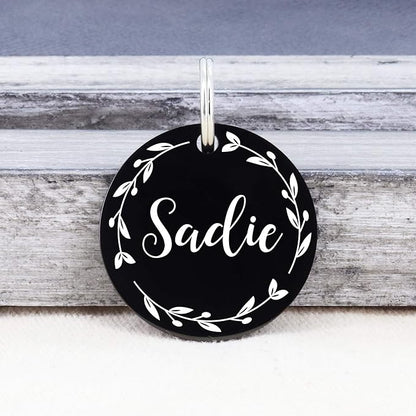 UltraJoys Stainless Steel Pet ID Tag Dog Name Tags Personalized Front and Back Engraving, Customized Dog Tags and Cat Tags, Optional Engraved on Both Sides, Round Tag with Vine Design, Small Black