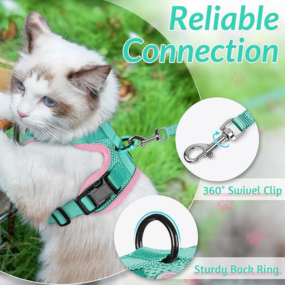 rabbitgoo Cat Harness and Leash for Walking, Escape Proof Soft Adjustable Vest Harnesses for Cats, Easy Control Breathable Reflective Strips Jacket, Green&Pink, XS