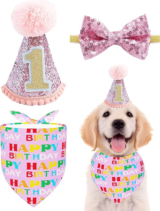 PET SHOW Small Dog Birthday Party Hat for Pets 1-Year-Old Birthday Party Cat Kitten Headband Hats Grooming Accessories Pink Set