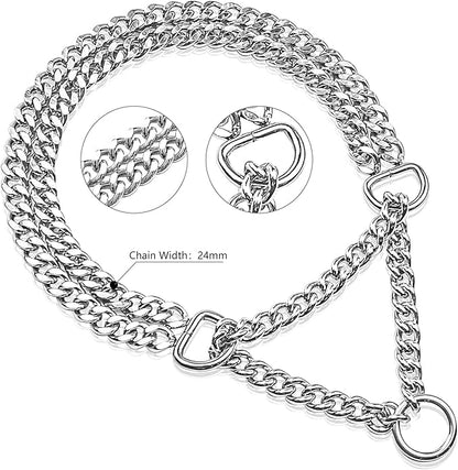 Dog Choke Martingale Collar, Silver Dog Chain Collar Stainless Steel Metal, Silver Dog Collar Adjustable Walking Chew Proof Double Row for Large Small Medium Dogs XL 26'' -28''