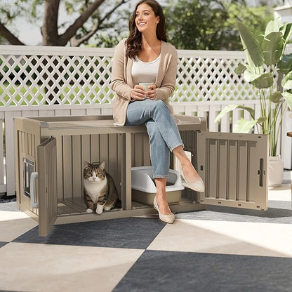 Cat Litter Box Enclosure Resin Hidden Cat Litter Box Furniture Multi-Functional Double Door Spacious Odorless Waterproof UV-Resistant Indoor Outdoor Use Grey