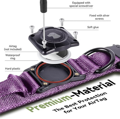 2025 Upgrade Waterproof AirTag Dog Collar, Military Tactical Dog Collar with AirTag Holder, Comfortable Control Handle and Metal Buckle, GPS Dog Collar Holder for Medium to Large Dogs (Purple, L)