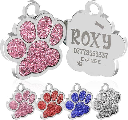 EDSG Cat Dog Tags Personalized for Pets, Dog Name Tags Cat Name ID Tag, Engraved Dog Tags Dog ID Tags Small Glitter Bling ID Tag Paw Print for Cat Pet Dog Puppy(Blue,Design 2)