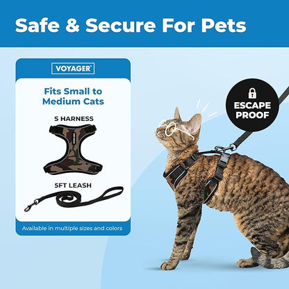 Voyager Escape-Proof Step-in Lock Cat Harness & 5ft Neoprene-Handle Leash Set All-Weather Mesh with Reflective Stitching for Small to Large Cats by Best Pet Supplies, Army (327), M