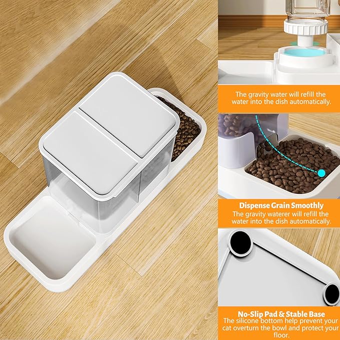 Yummy Sam Automatic Small Pet Feeder and Water Dispenser, 2 in 1 Gravity Cat Auto Pet Feeder and Waterer Set Feeder Dish for Small Medium Pets Dog Puppy Kitten (White)