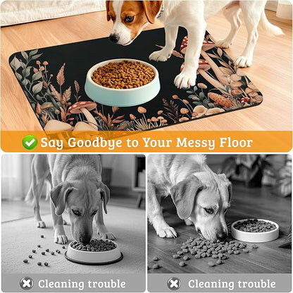 Vintage Mushroom Dog Food Mat,Leaf Absorbent Pet Feeding Mat for Food and Water Bowl,Quick Dry Dog Placemat Non Slip Rubber Backing Waterproof Pet Supplies 12" x 20"