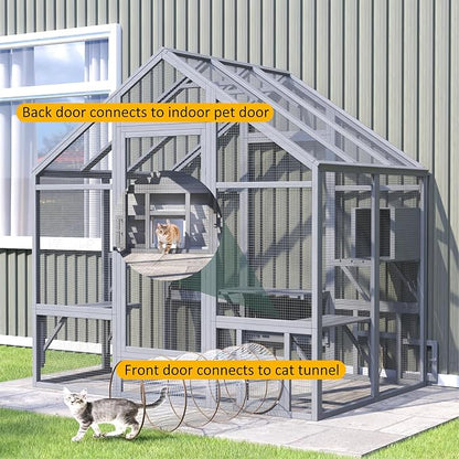 Cat Catio - Large Outdoor Catio Enclosure with 7 Tiered Platforms & 2 Premium Resting Boxes, Weatherproof Cat Cage with UV-Resistant Cover, Spacious Cats Enclosure for Multi-Cats(71"x49"x71")