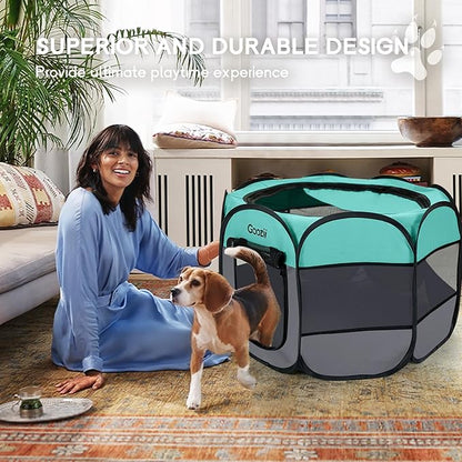 Pet Cat Playpen for Indoor Cats Enclosed, Puppy Dog Play Pen for Outdoor Travel Camping (Small Size, Green & Dark Grey)