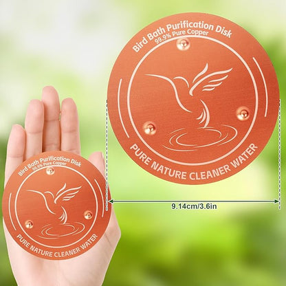 2 Pack Bird Bath Copper Disk, 99.99% Pure Copper Purification Disk - Physical Safe Clean Water All-Season, Bird-Safe for Outdoor Baths, Solar Fountains, Concrete Bowls (3-Point Support)