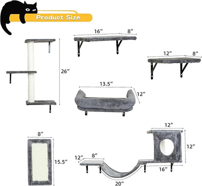 NUNU LAB Wall Mounted Cat Furniture Set - 6 Pcs Climber Set with House, Bridge, Steps, Scratcher Board - DIY Walls Playground, Indoor Cat Shelves - Dark