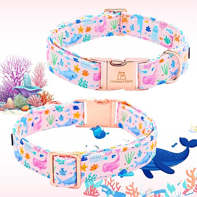 Lionheart glory Dog Collar Flower Collar Pink Dog Collars with Flower Summer Cute Sea Animals Print Collar Dog Female Soft Durable Adjustable Dog Collars for Large Dogs