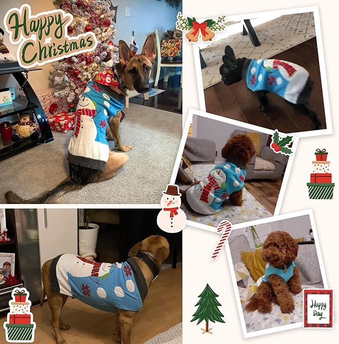 Pet Christmas Dog Sweaters Cute Animal Snowman Printed Puppy Xmas Costumes Winter Warm Turtleneck Jumpers Puppy Knitted Clothes Cat Outfits (XS, Blue Snowman)