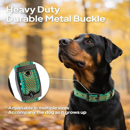 PetiFine Dog Collar for Large Dogs, Neoprene Padded and Adjustable, Reflective Wide Heavy Duty Pet Collars with Durable Metal Belt Buckle for Walking, Teal&Orange, L