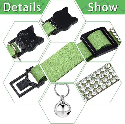 Weewooday 4 Pieces Rhinestones Cat Collars Breakaway Cat Collar with Bell Bling Pet Accessories with Soft Velvet, 4 Colors(XS,Light Green, Light Blue, Light Purple, Rose Red)