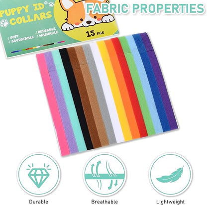 GAMUDA 15Pcs Newborn Puppy Collars, Super Soft Nylon Adjustable Whelping ID Bands, Assorted Colors Litter Identification Set (15Pcs)
