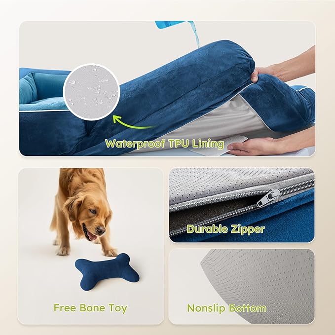 XXL Dog Bed for Extra Large Dogs, Giant Orthopedic Dog Bed with Cooling Gel Memory Foam, Waterproof Pet Bed with Removable Washable Cover, 53" Pet Sofa Bed Dutch Velvet with Bone Toy, Navy Blue