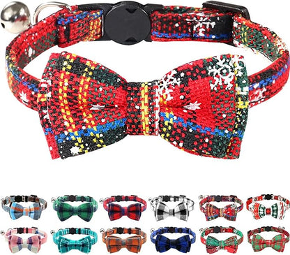 Joytale Upgraded Christmas Cat Collar with Bells, Breakaway Cat Collars with Bow Tie, 1 Pack Girl Boy Safety Plaid Kitten Collars, Christmas Red