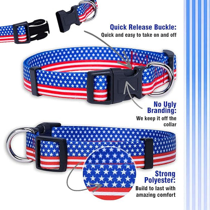 Native Pup American Flag Dog Collar- Red White and Blue- Patriotic Collars for 4th of July, USA- Adjustable Small, Medium, Large Breed Dogs (Small, Flag II)