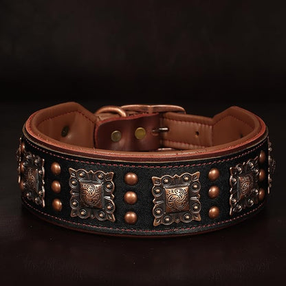 PET ARTIST Genuine Leather Dog Collar for Large Dogs, 2 inch Wide Luxury Dog Collar with Rivet Studded & Metal Buckle, Comfortable & Stylish Pet Collars for Great Dane Rottweiler,Black,Neck 22-25"