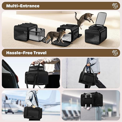 Top and 2 Sides Expandable Cat Carrier 17x11x11, TSA Airline Approved Dog Carriers for Medium Dogs, Soft-Sided Pet Carrier with Self-Locking Zippers for Kitten,Rabbit, Puppy, Guinea Pig Black
