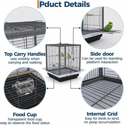 Bird Flight Cage 16 x 16 x 20 Inch, Wrought Iron Parrot Cage with Top Carry Handle, Food Cup, Removable Tray and Perches, Bird Carrier for Parakeet, Cockatiels, Budgies and Small Medium Birds