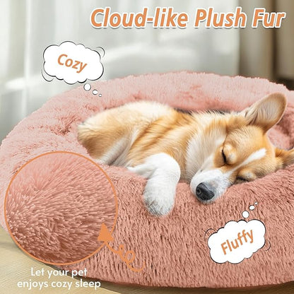 JOLLYVOGUE Calming Dog Bed for Small Dogs - 23 inches Donut Washable Small Dog Bed for Kittens & Puppies, Anti-Slip Round Fluffy Plush Faux Fur Cat Beds (Fits up to 25 lbs Pets, Peach Pink)