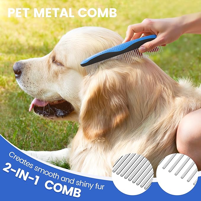 Double-Sided Pet Grooming Rake - 4-in-1 Professional Pet Grooming Kit, Deshedding Dematting Tool for Dogs, Cats, Extra-Wide Grooming Brush & Deshedder Comb for Long and Short Haired Pets (4PCS Blue)