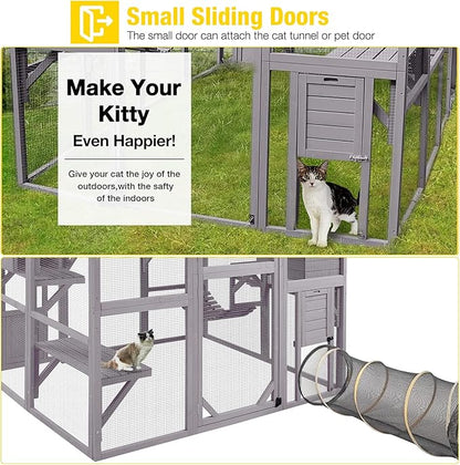 Aivituvin Cat House Outdoor Catio Kitty Enclosure with Super Large Enter Door,Wooden Cat Cage Condo Indoor Playpen with Platforms,Small House 74 Inch