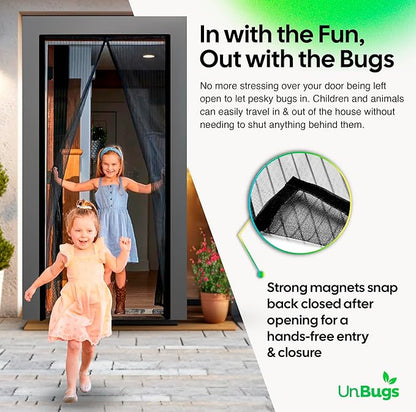UnBugs Magnetic Screen Door - Fits Doors up to 38 x 82 Inches MAX - Pet & Kid Friendly, Self-Closing - Hands Free Magnet Closure Keeps Bugs Out & Breeze in