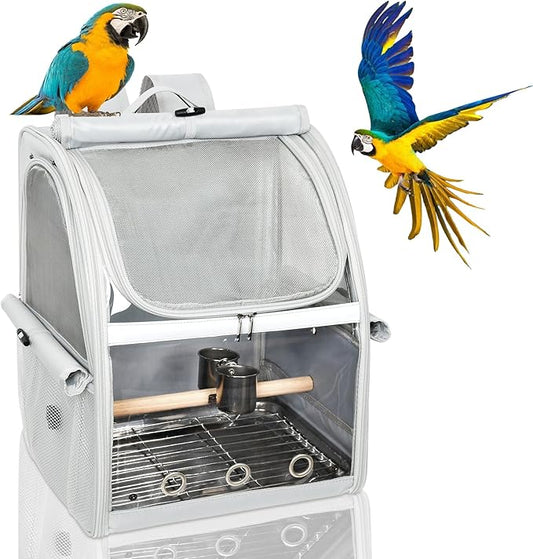 Bird Carrier Bag, Bird Travel Cage with Standing Perch and Indestructible Stainless Steel Mesh, Protable Transparent Breathable Carrier with Feeder Cups for Small Birds Parrot Parakeet, Grey