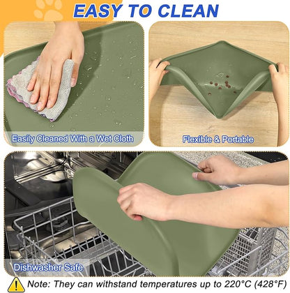 Silicone Pet Feeding Mat with Raised Edge for Food and Water, Dog Bowl Mats, Cat Bowls Placemat with High Lip for Floor Waterproof, Rubber Tray for Cats and Dogs 24 x 16 x0.8 Light Olive Green