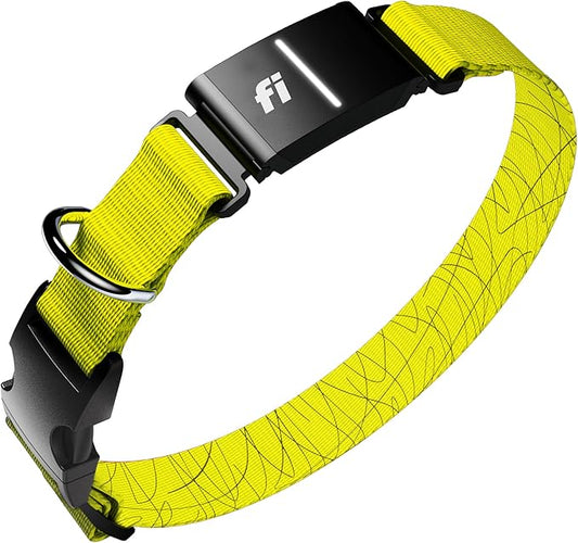 New Fi Series 3+ Smart Dog Tracker Collar [6 Month Membership Included] GPS Tracker for Dogs with Health & Behavior Monitoring, Escape Alerts, Waterproof, LED, Apple Watch Compatible (Yellow, Large)