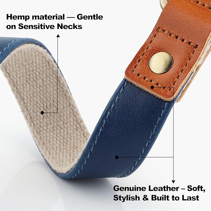 Plutus Pet Genuine Leather & Hemp Dog Collar – Adjustable Heavy Duty Pet Collar with Quick Release Metal Buckle, Soft & Stylish for Puppy and Small, Medium, Large Dogs (Royal Blue, L)