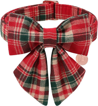 Christmas Plaid Dog Collar with Bow Tie– Adjustable Red & Green Checkered Dog Collar for Small Medium Large Dogs, Soft Xmas Plaid Puppy Collars with Quick Release Buckle S
