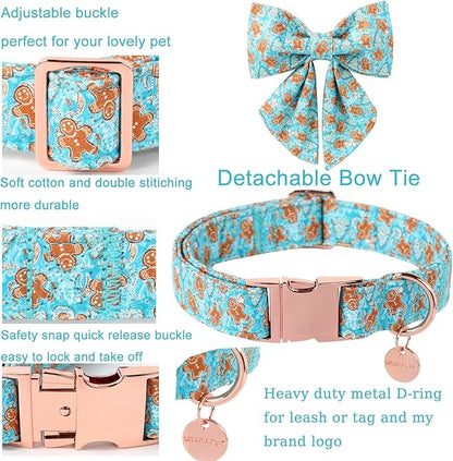 Christmas Dog Collar with Bow Tie,Adjustable Gingerbread Pet Collar,Chriatmas Puppy Bowtie Collar for Small Medium Large Dogs,S,Neck 10-16in