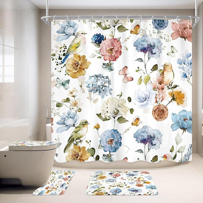 4 PCS Blue Floral Birds Bathroom Set with Shower Curtain and Rugs 72Wx72H Inch Classical Watercolor Non-Slip Bath Rug Toilet Lid Cover and U Shape Mat Accessories 12 Hooks Bathoom Decor