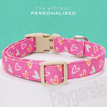 Faygarsle Valentine's Day Dog Collar, Pink Heart Pattern with Metal D-Ring and Heart Charm, Adjustable Pet Collar for Small Medium Large Dogs M