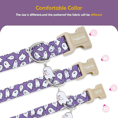Faygarsle Halloween Dog Collar with Charm, Purple with Ghost Pattern, for Small Medium Large Dogs L