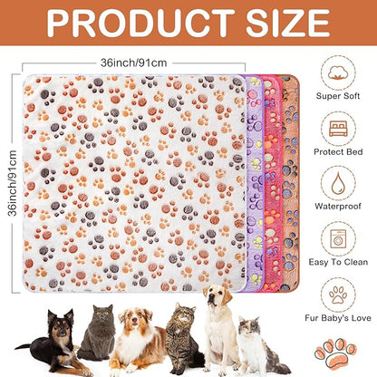Panelee 4 Pcs Waterproof Dog Blankets Washable Puppy Paw Print Fleece Blanket for Small Medium Pet Cat Whelping Warm Soft Sleep Mat Guinea Pig Cage Liners(36 x 36 Inch)