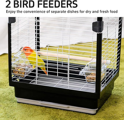 25 inch Bird Cage, Portable Travel Parrot Cage, Double-Layer Parakeet Cage, for Temporary Pet Accommodation, Trip to Vet, Short Trip, Camping, Black & White