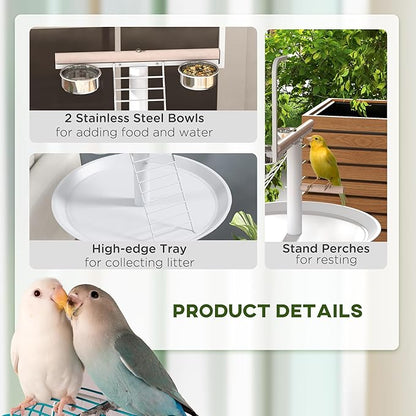 PawHut Bird Stand, Parrot Stand with Wheels, Perches, Stainless Steel Feed Bowls, Round Tray, Bird Play Stand for Indoor Outdoor, White