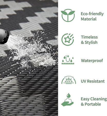 GENIMO Outdoor Rug for Patio Clearance, 8'x16' Waterproof Camping Mat, Reversible Plastic Straw Rugs for RV, Camper, Balcony, Backyard, Picnic, Deck, Black & Gray